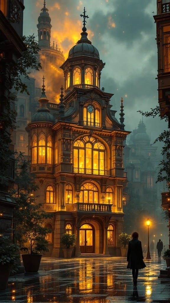 Surreal Baroque Building at Dusk in Amber Glow