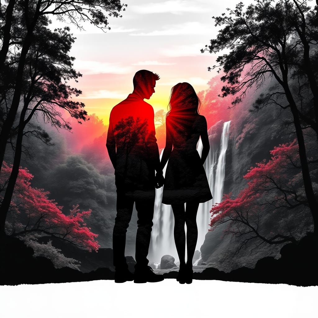 Double Exposure Couple in Flowery Forest, Ultra HD