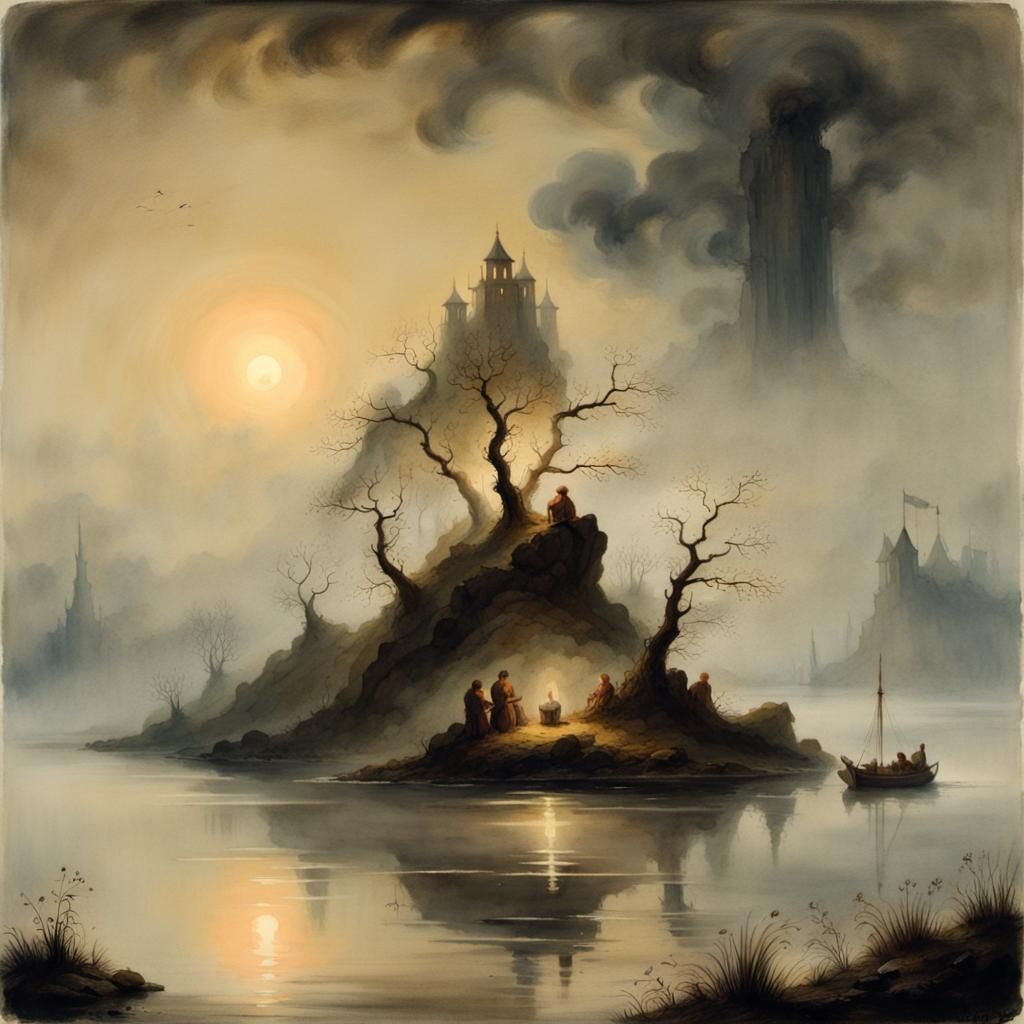 Misty Island Watercolor Painting in Luminist Style