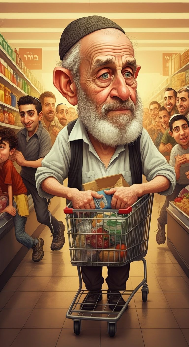 Elderly Zionist Man in Chaotic Supermarket, Semi-Realistic C...