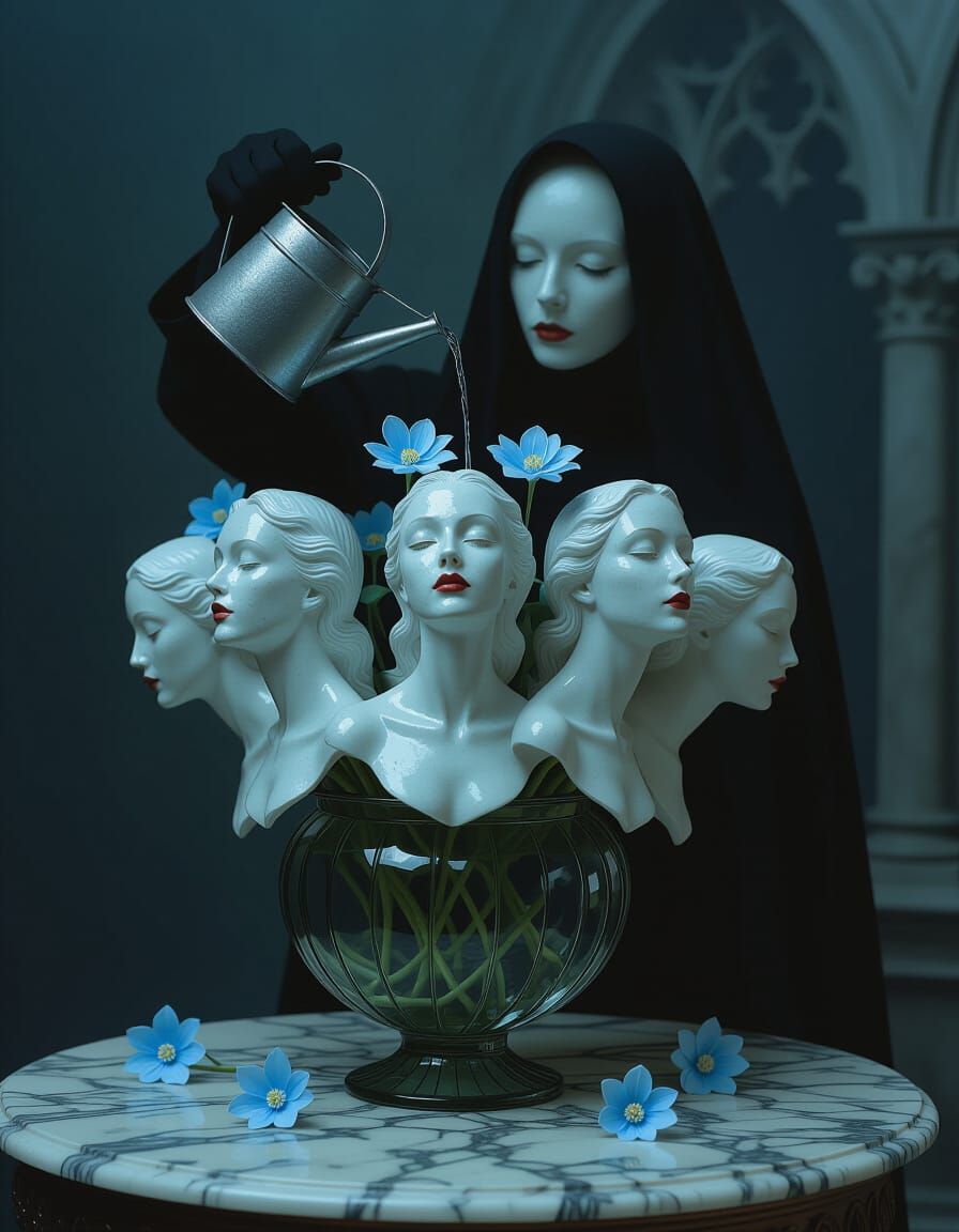 Surreal Macabre Dream Scene with Blooming Flowers