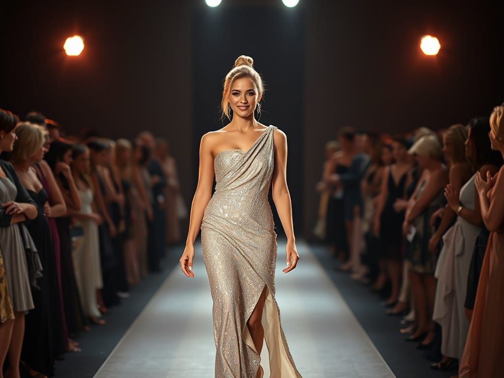 Vogue Fashion Model on Catwalk in Glittering Gown