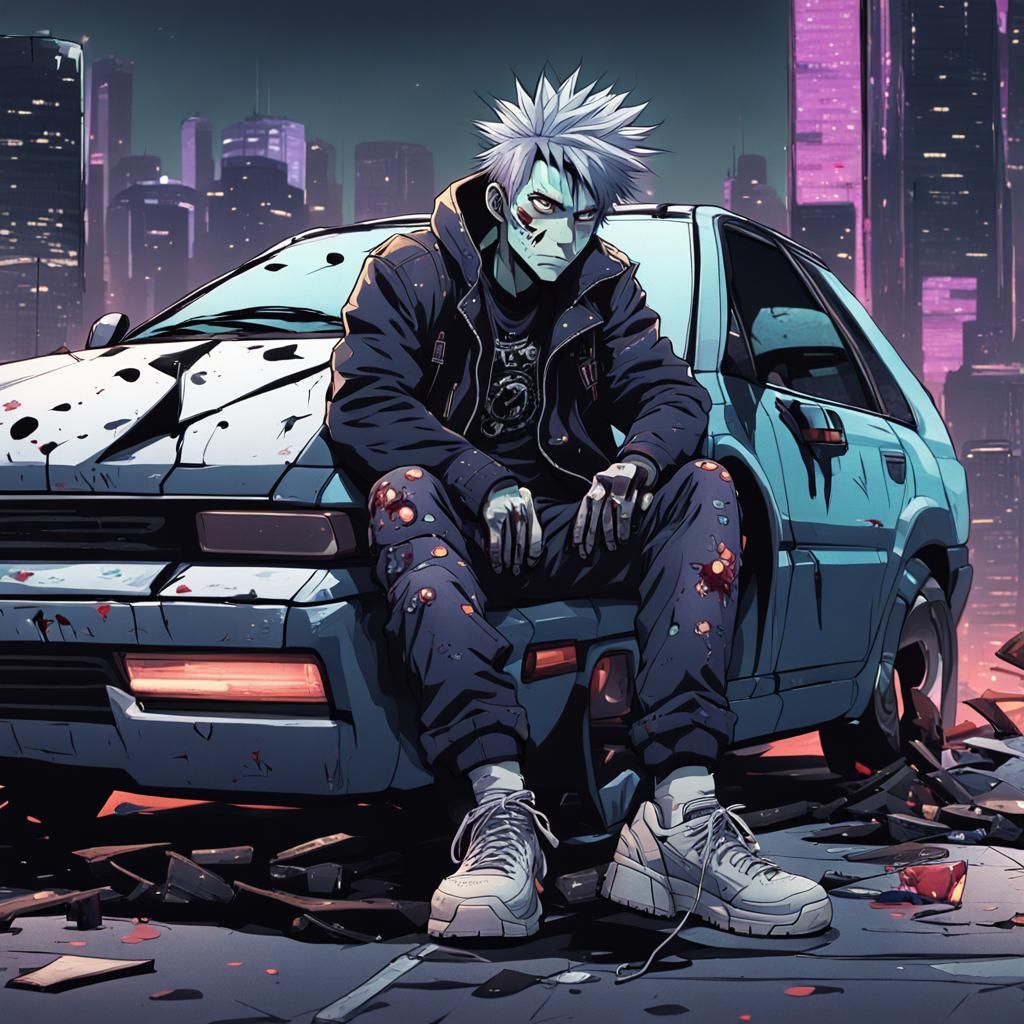 Cyberpunk Edgerunner Sits on Damaged Car: Anime Style