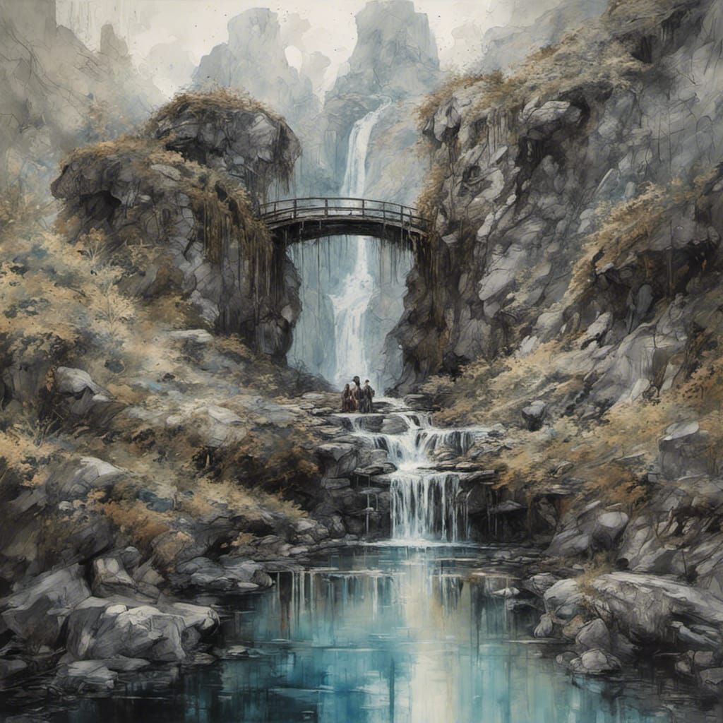 Victorian Mountain Landscape with Waterfalls in Matte Painti...