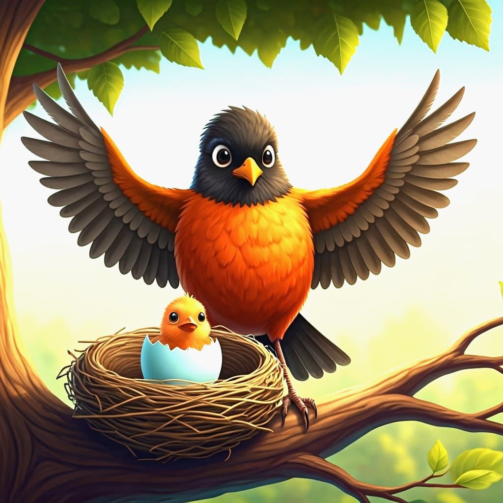Proud Robin Observes Newborn Bird Hatching