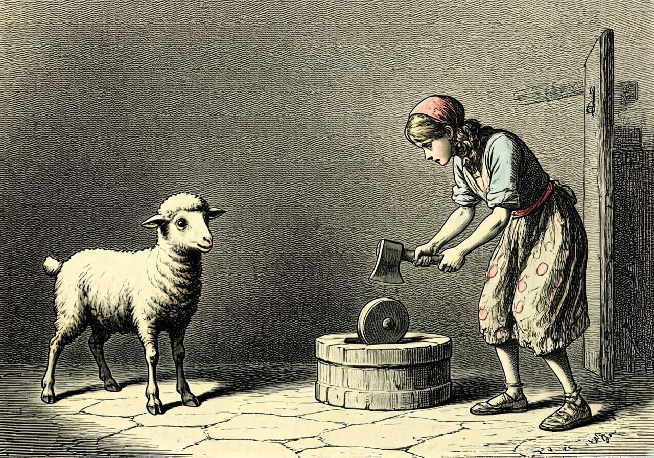 Little Bo Peep's Ominous Axe: A Dark Engraving