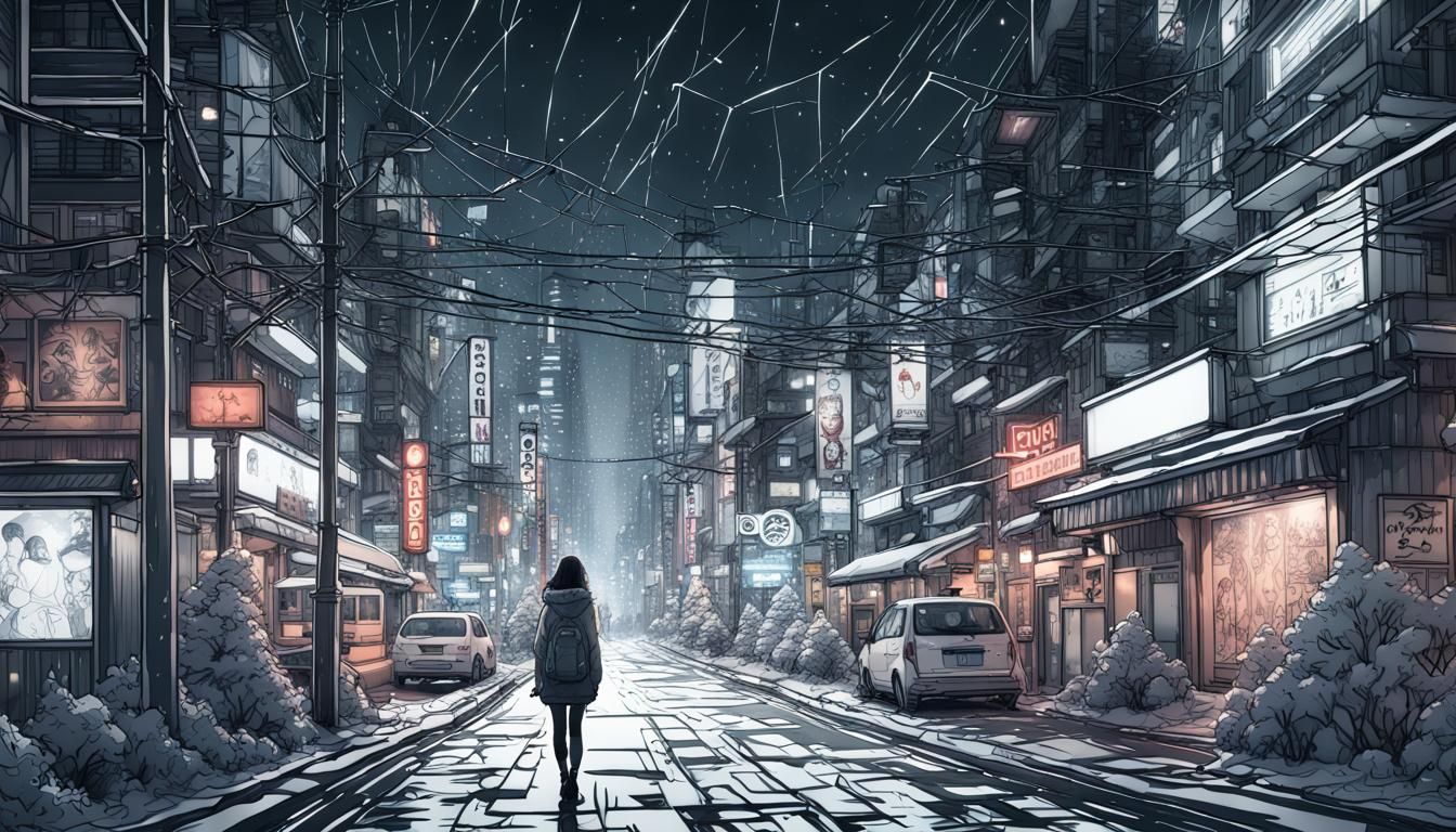 Winter Night in Tokyo: Detailed Line Art