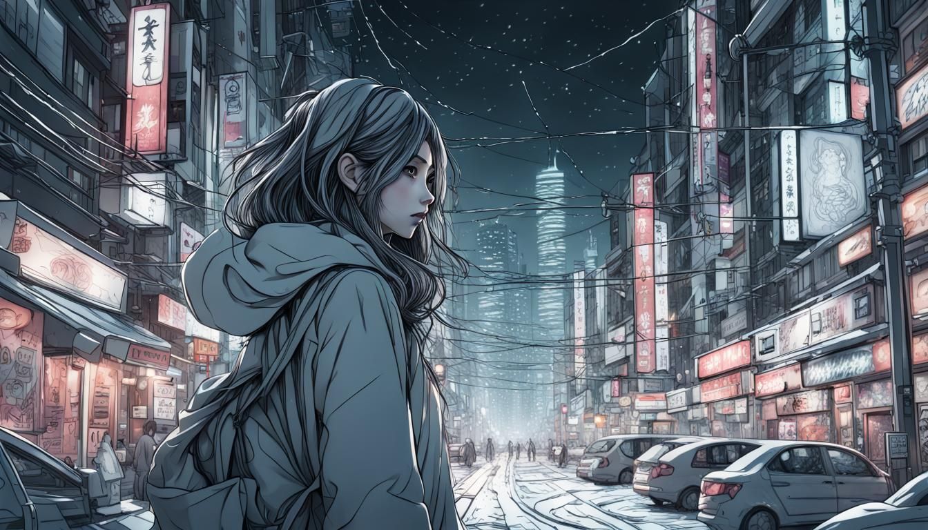Chaotic Line Art of Girl in Snowy Tokyo