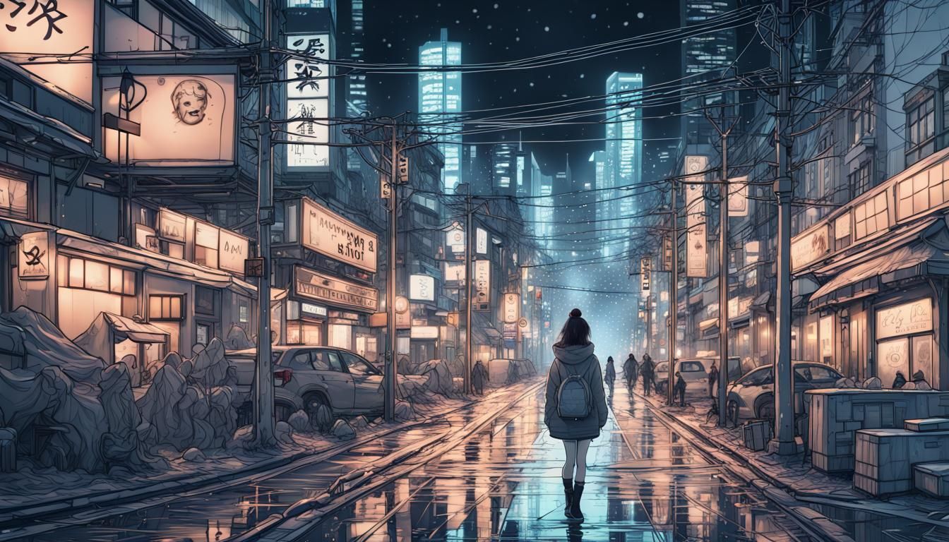 Chaotic Line Art: Girl in Snowy Tokyo Night