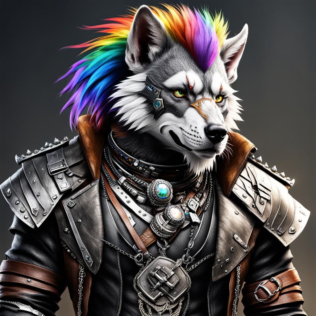 Rainbow-Haired Gnoll in Leather and Silver