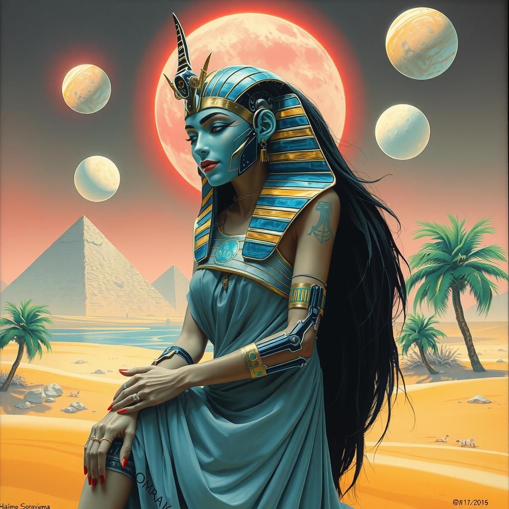 Cyberpunk Egyptian Sphinx Woman in Retro Sci-Fi Style