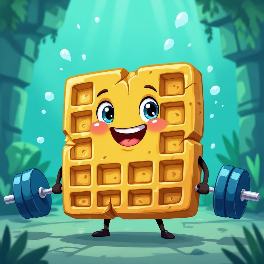 Cracked Waffle Lifts Weights in Atlantis Cartoon Style