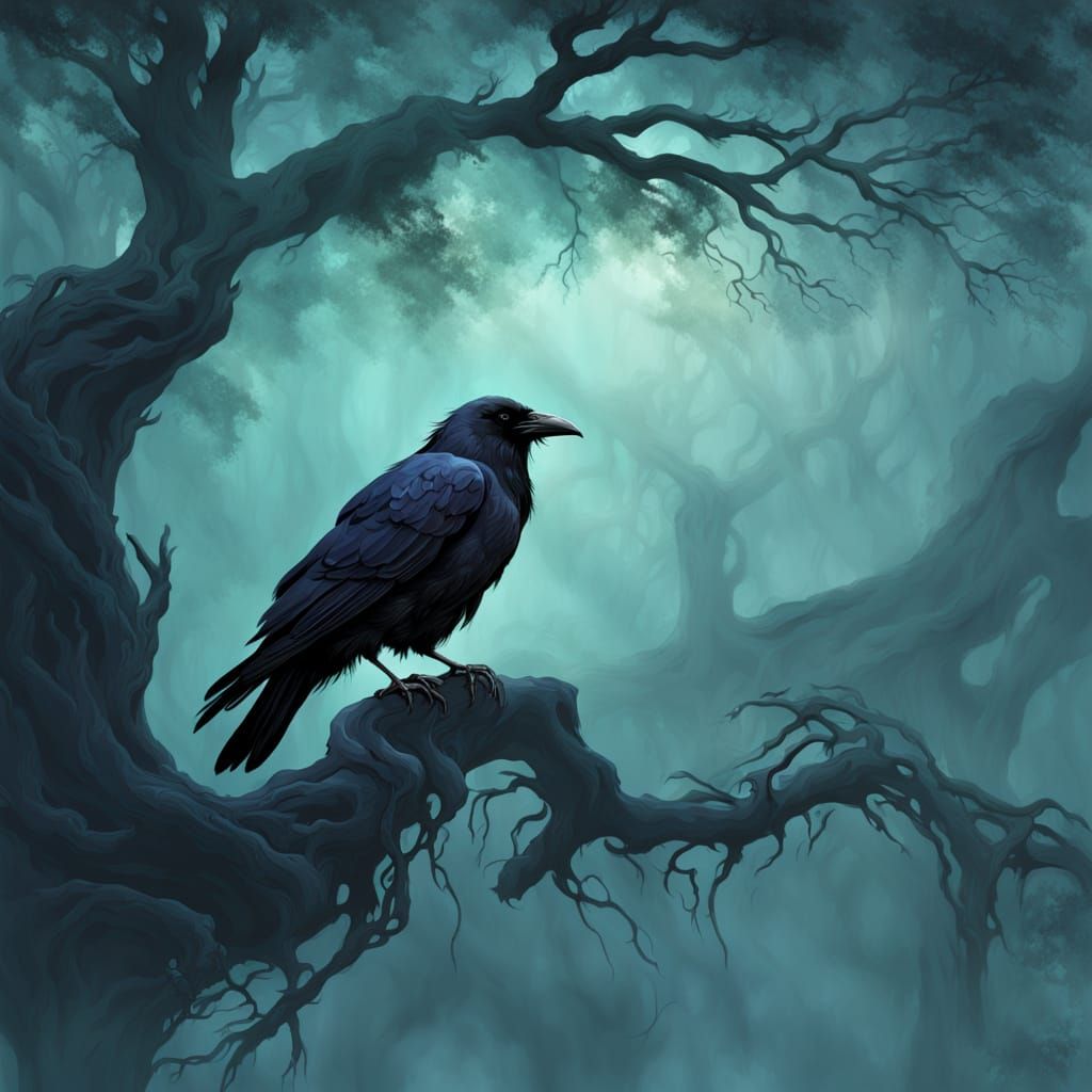 Solitary Raven in Ethereal Mist, Digital Painting