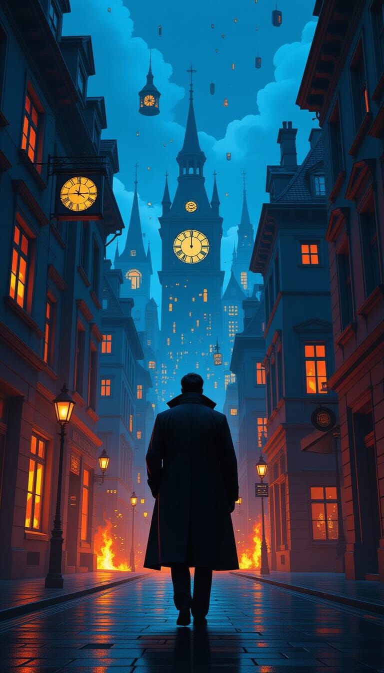 Dramatic Cityscape with Lone Figure in Hyperrealistic Style