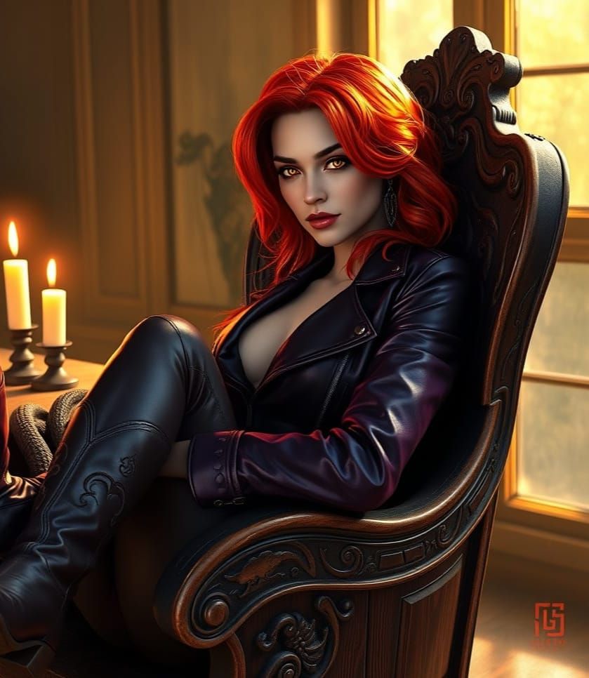 Sultry Redhead Siren in Cowboy Boots, Oil Painting Style