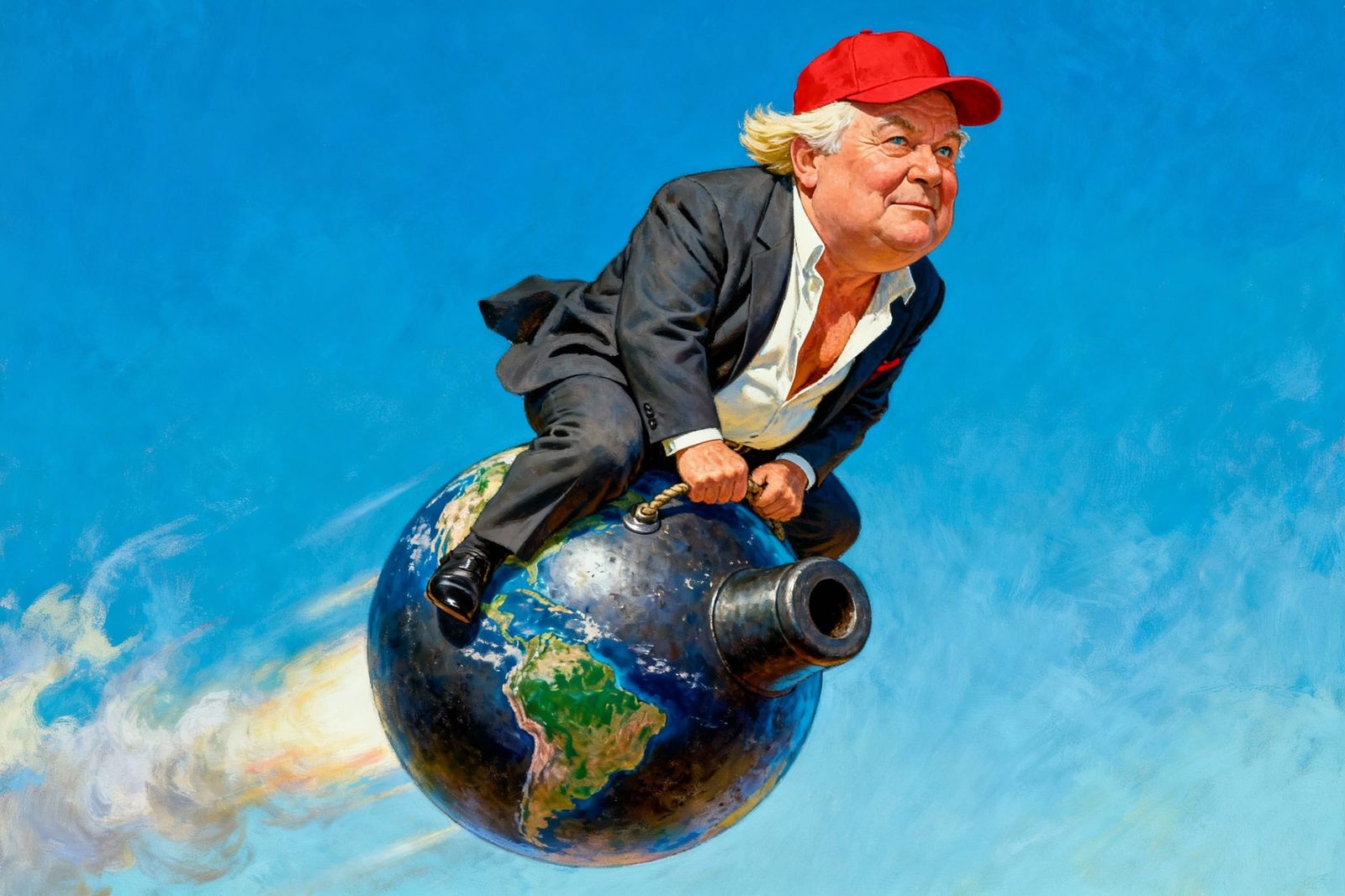 Baron Munchausen Flying on Cannonball in Fantasy Art Style