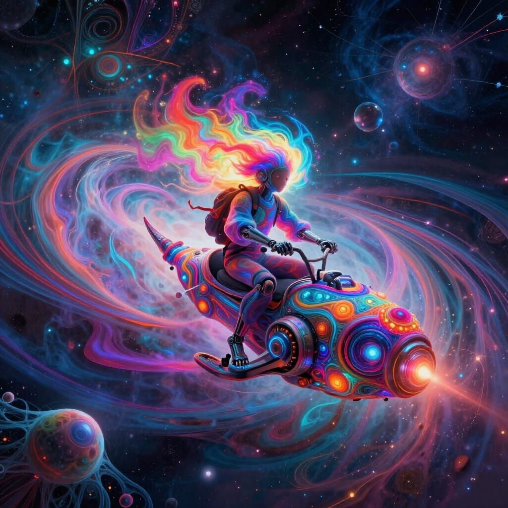 Cosmic Traveler on Psychedelic Craft Bending Time in Nebula