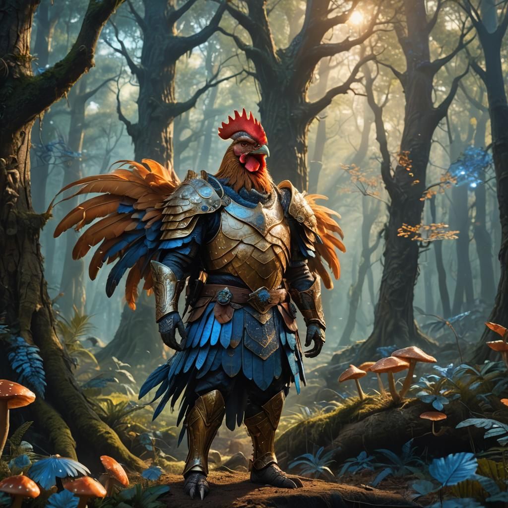 King Chicken Man in Mystical Forest, Fantasy Art