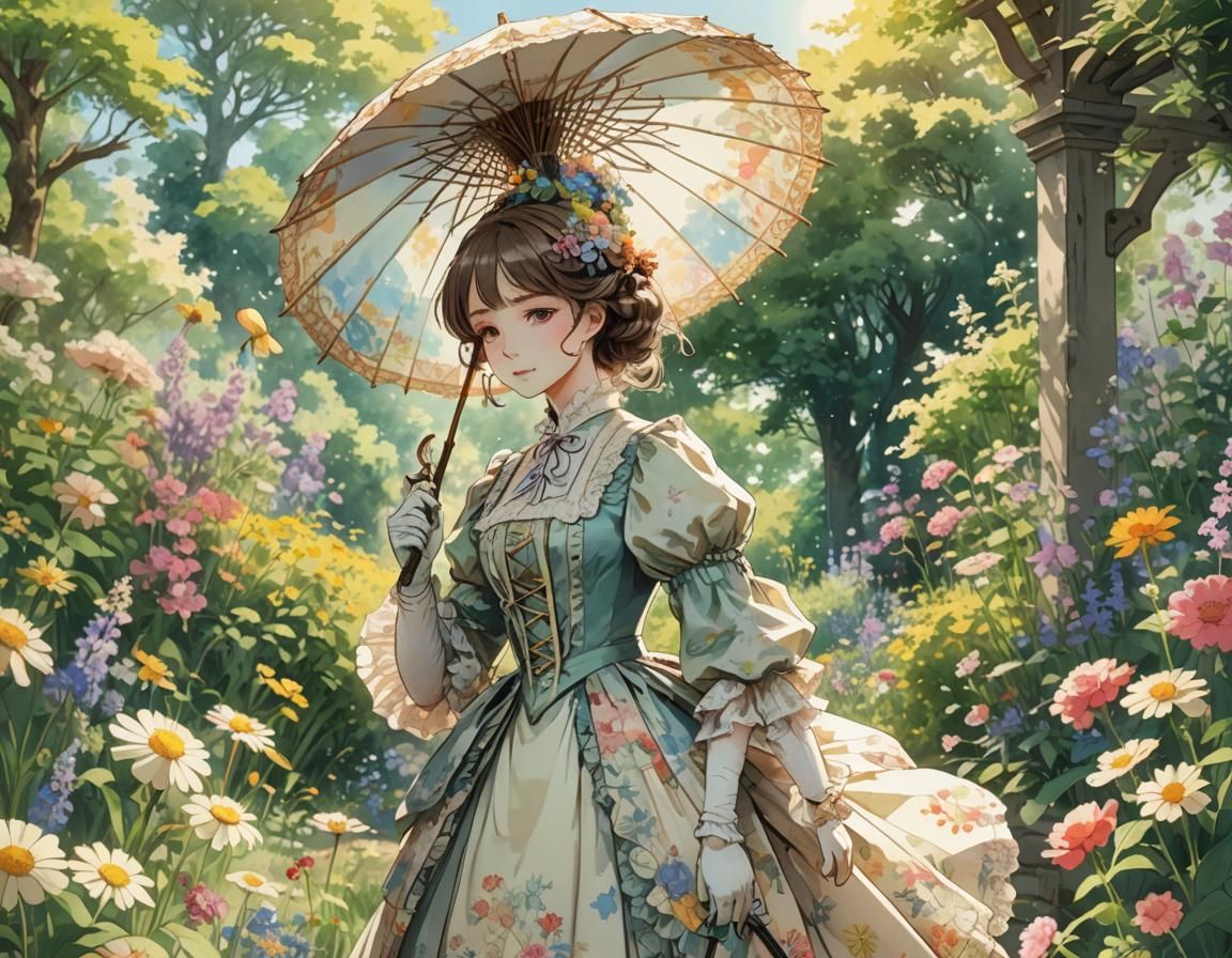 Victorian Woman in Sunlit Garden: Anime Style