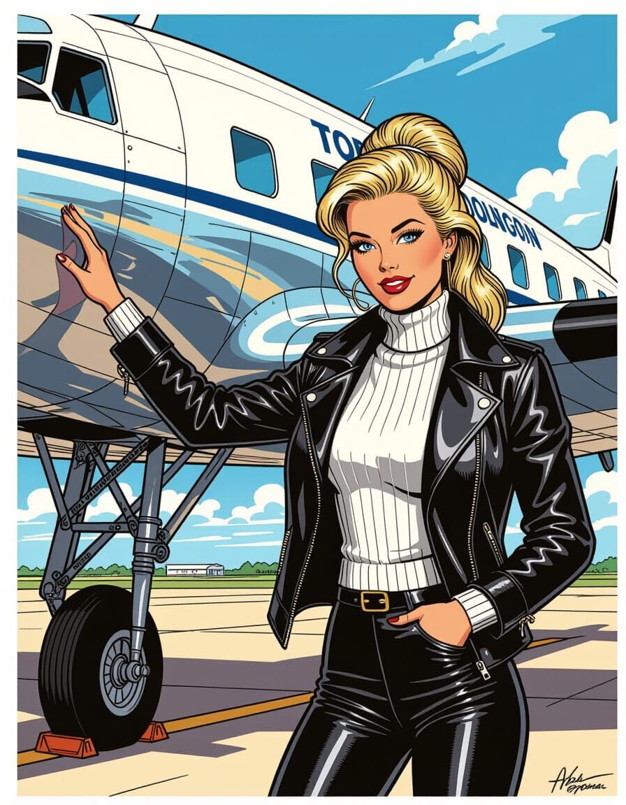 Vintage Comic Art: Alluring Pilot Near Lockheed Airliner