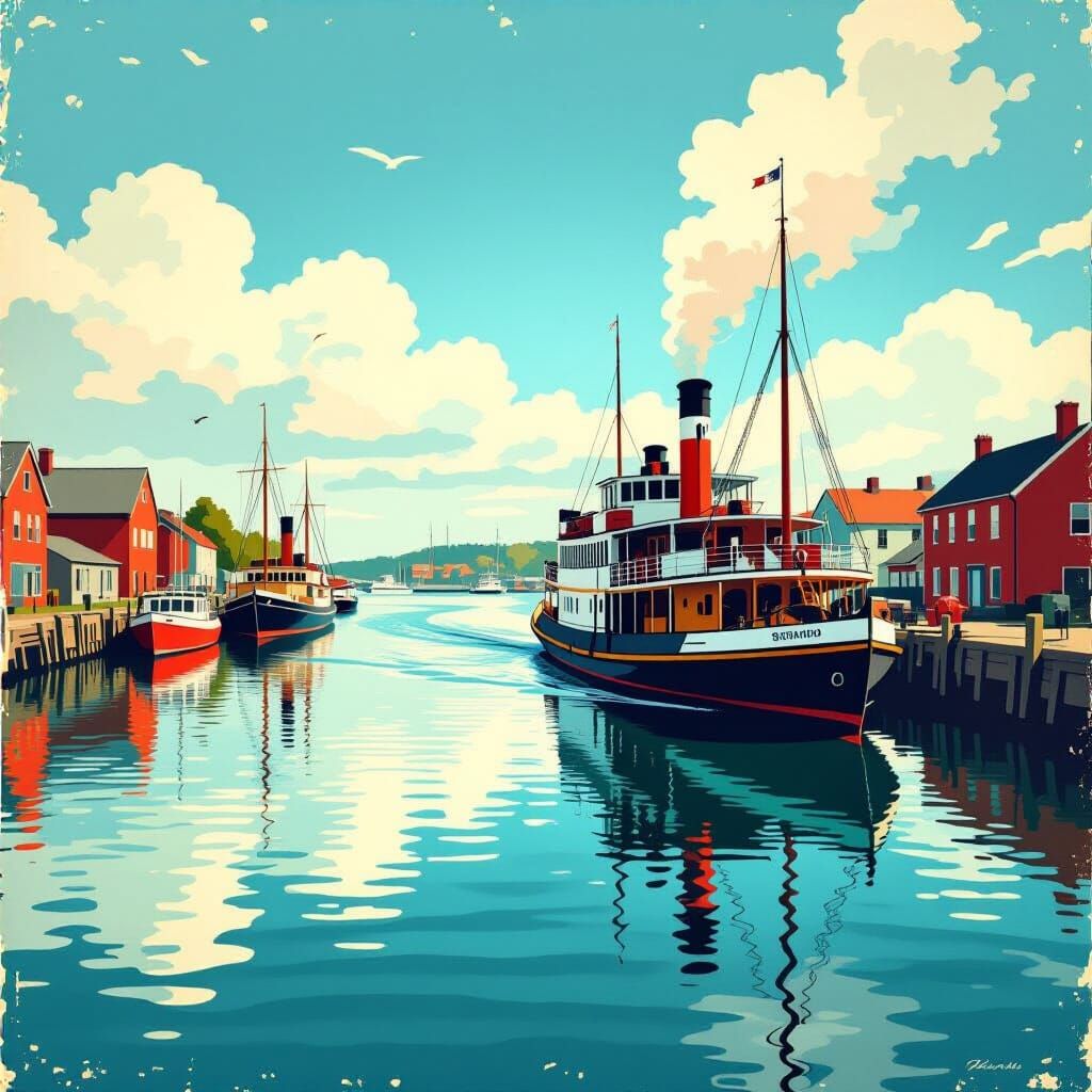 Vintage Steamboat Harbor with Grainy Texture