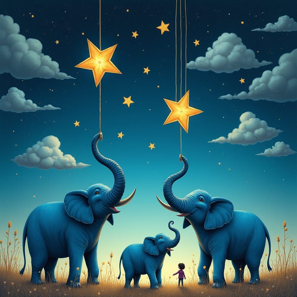 Surreal Blue Elephants in Dreamlike Starry Night