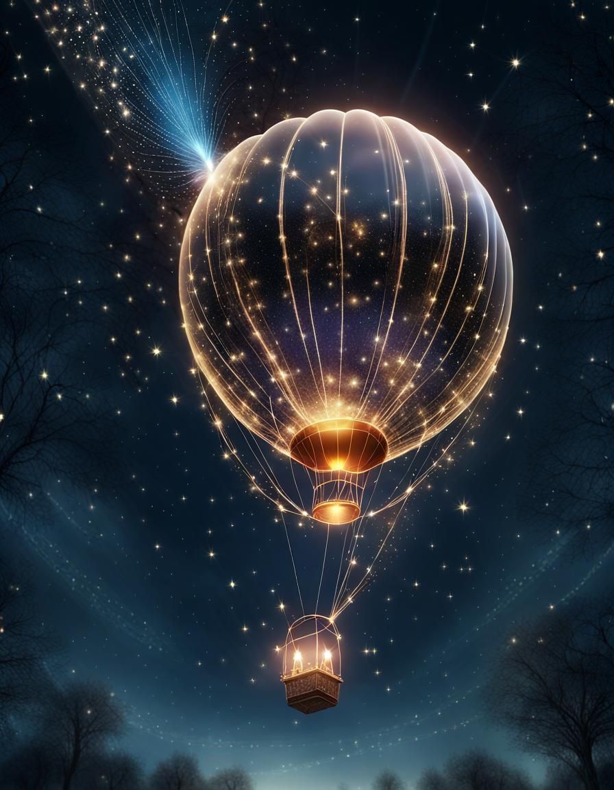 Sparkling Balloon Journey Through Astral Sky: 3D Digital Art