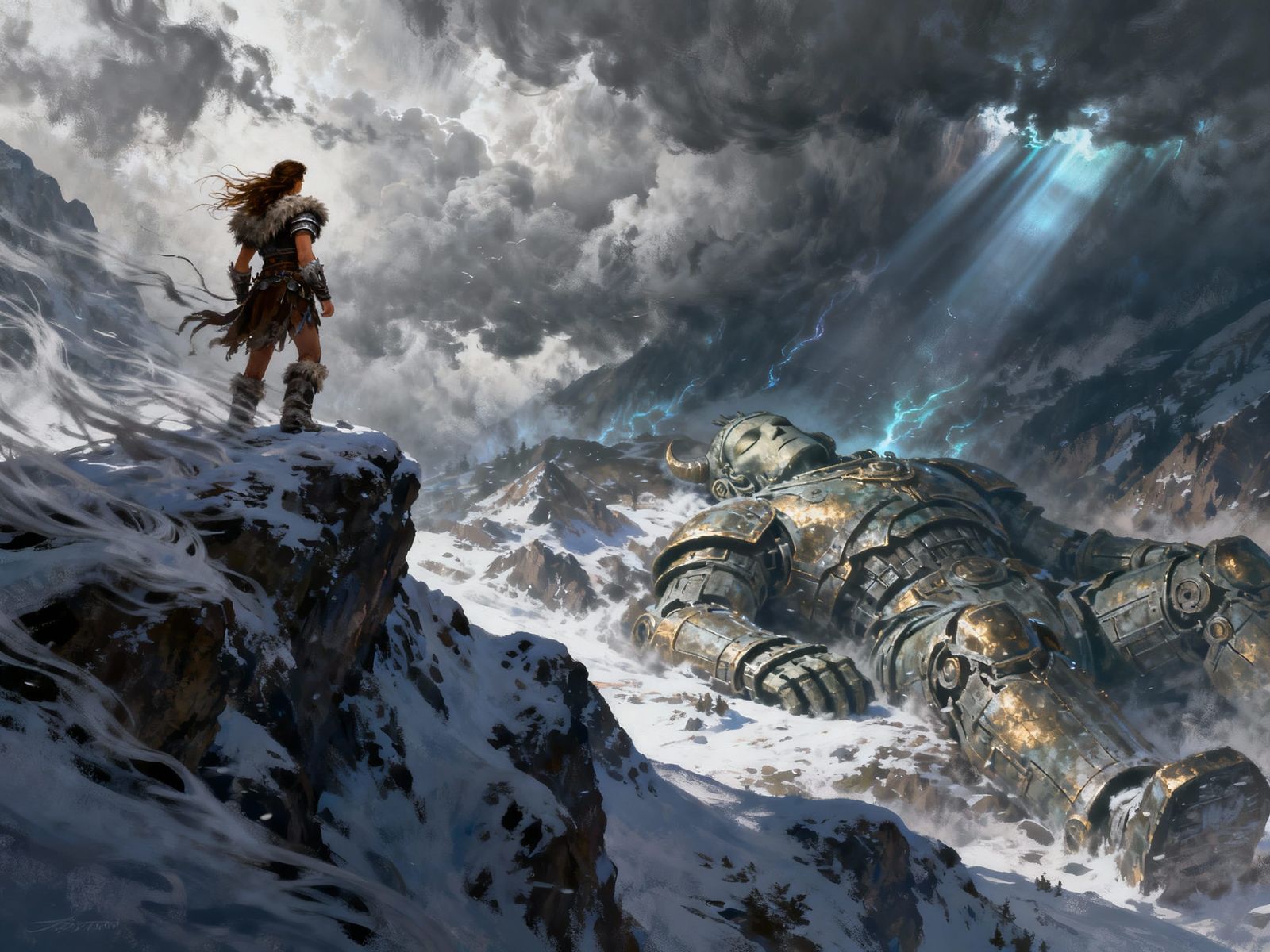 Female Barbarian Warrior on Snowy Peak Views Ancient Mechani...