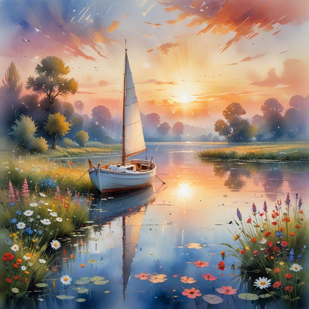 Sunset Sailing Boat Reflected in Watercolor Meadow