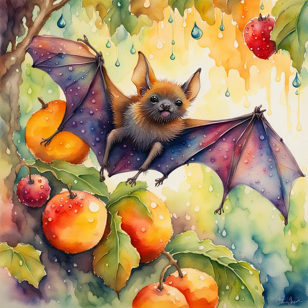 Whimsical Forest Fae Bat in Watercolor Style