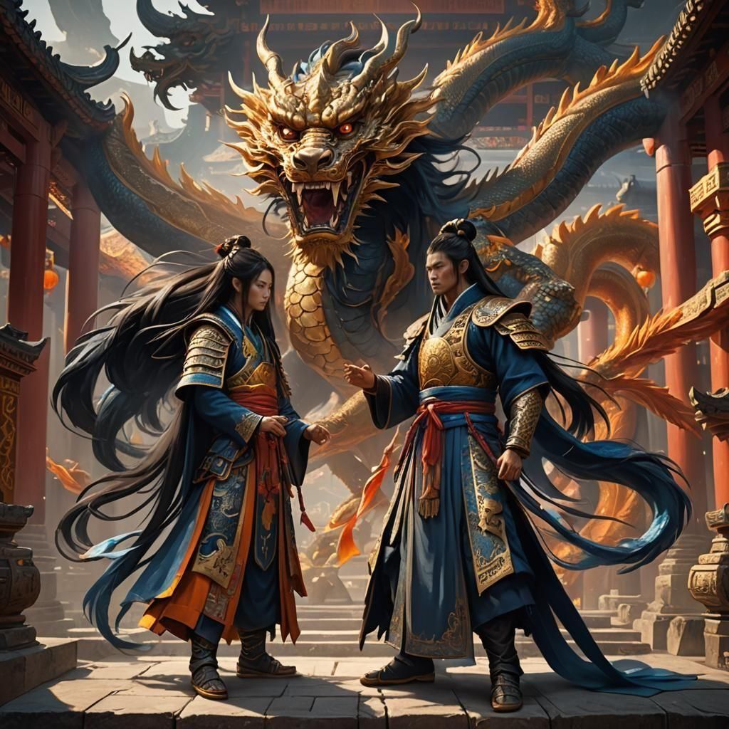 Xianxia Warriors Praying with Dragon, Detailed Matte Paintin...