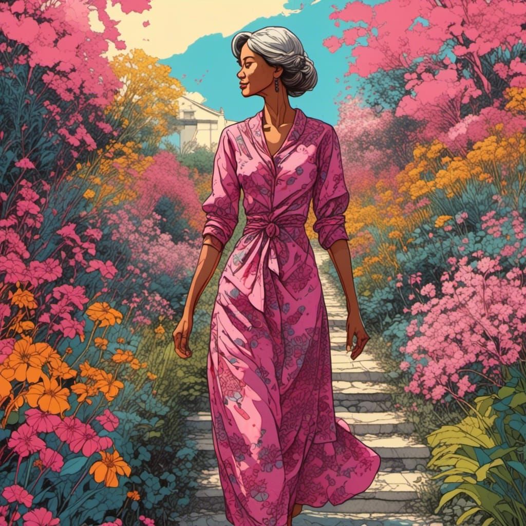 Woman in Batik Dress Among Wildflowers