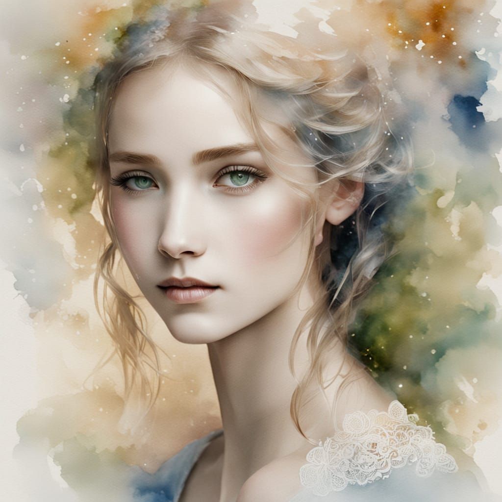 Watercolor Portrait of a Young Woman in Elegant Soft Focus