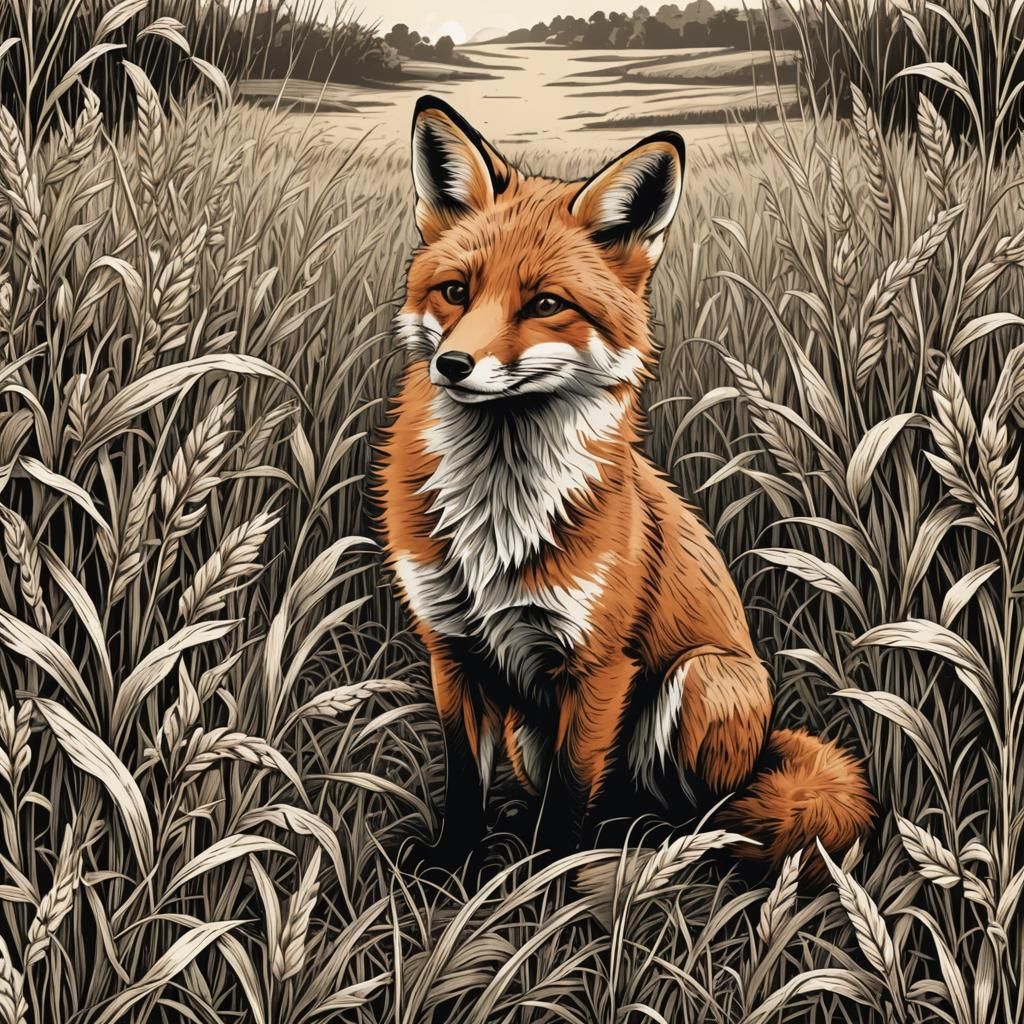 Fox in Stubble Field, Ornate Wood Engraving