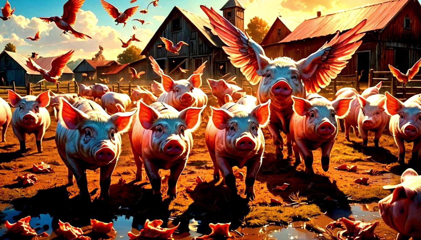 Winged Pigs Chase Bacon: Hyperrealistic Farm Surrealism