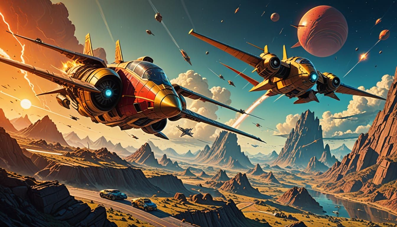 Flash Gordon Style Space Battle Illustration