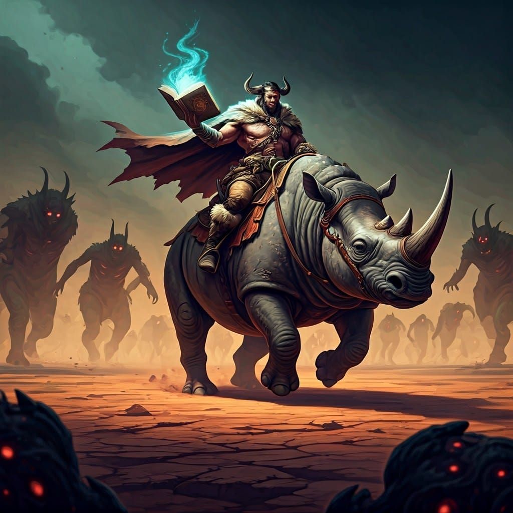 Majestic Horned Hunter Rides Elasmotherium Across Misty Land...