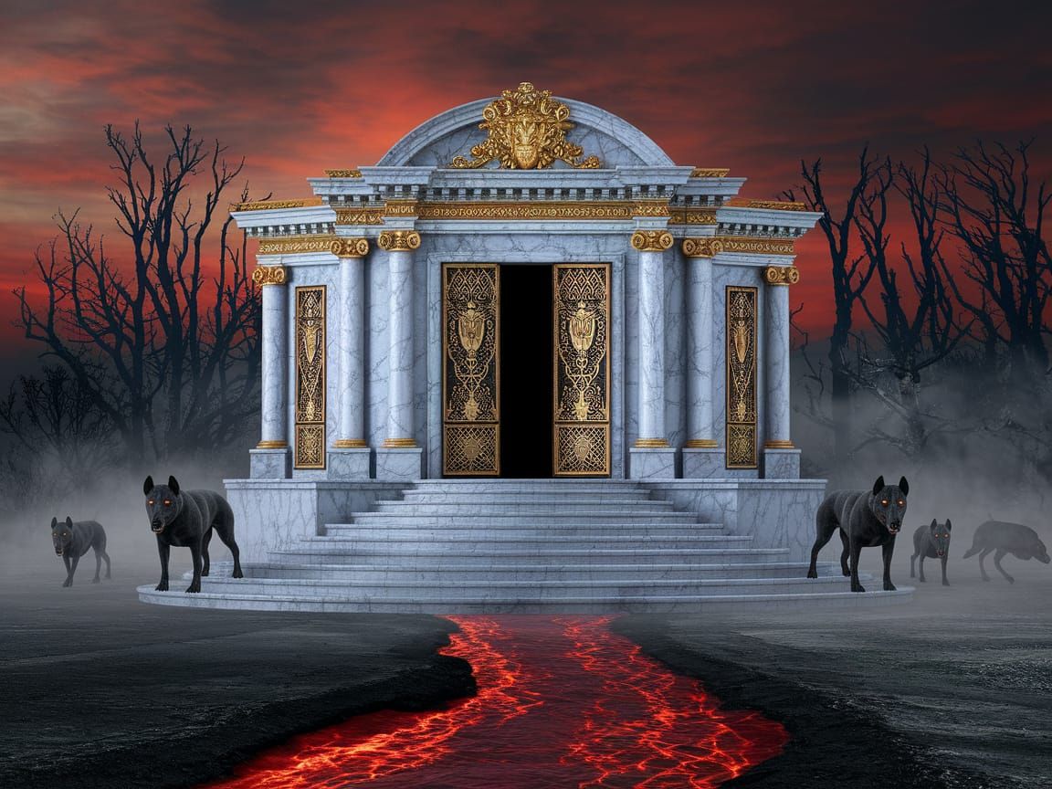 Ornate Palace Guarded by Hellhounds on River of Blood