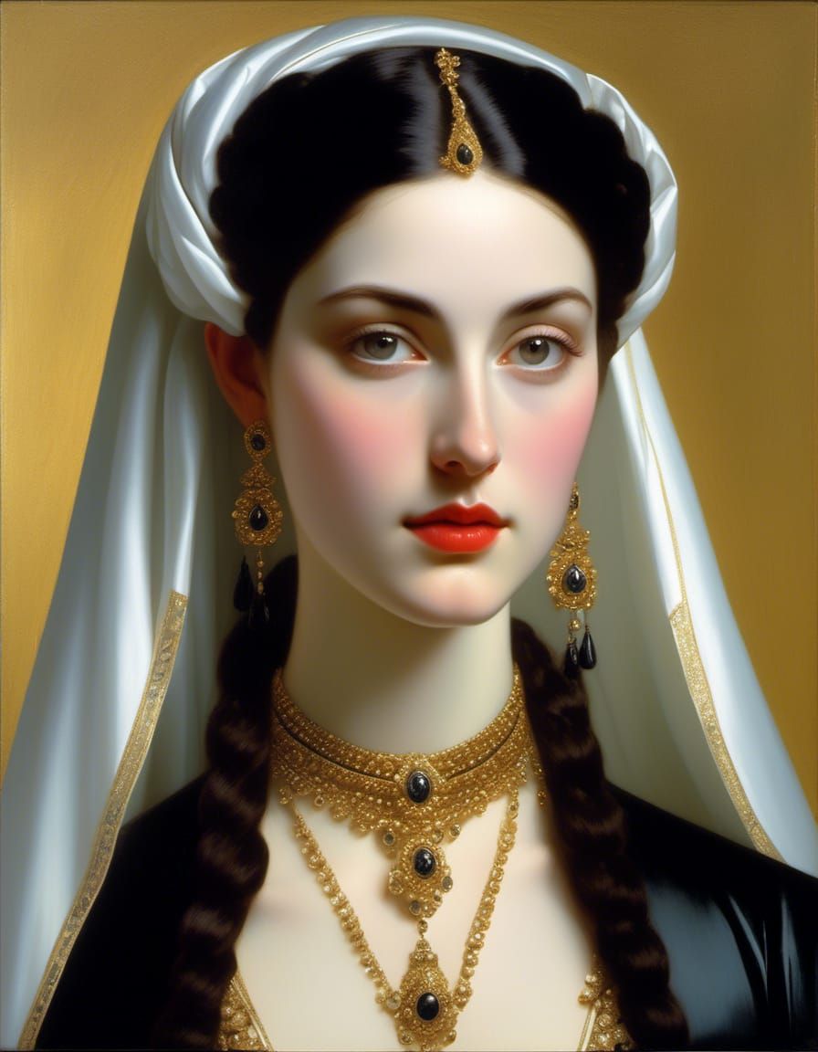 Elegant Woman with Oily Hair, Painted Style