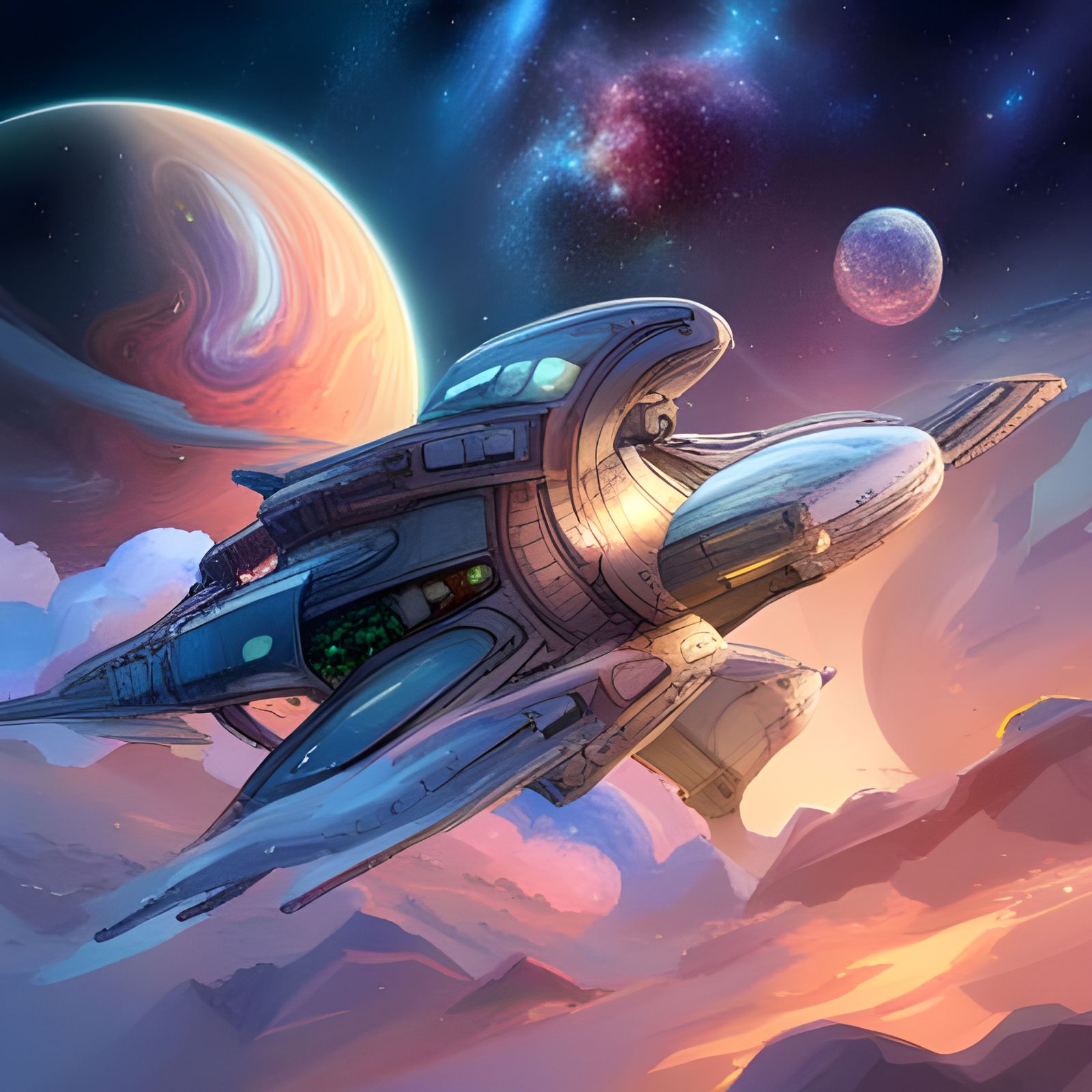 Detailed Spaceship with Jellyfish in Nebula