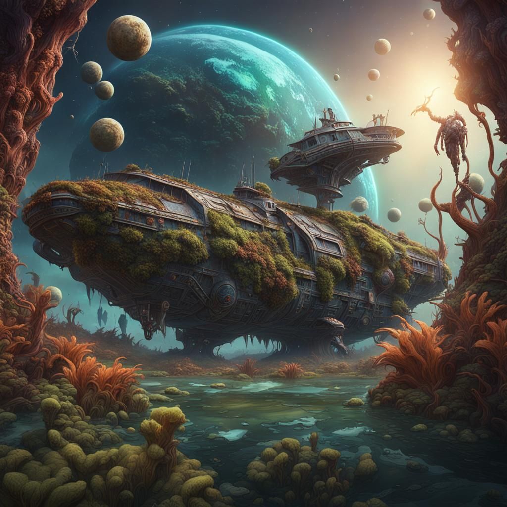 Surreal Alien Planet with Mutated Astronauts and Flora