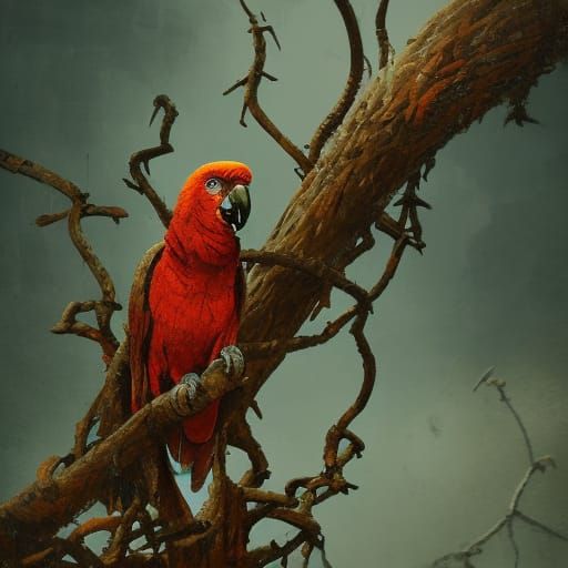 Parrots on Rusted Metal Trees: Hyperrealistic Image
