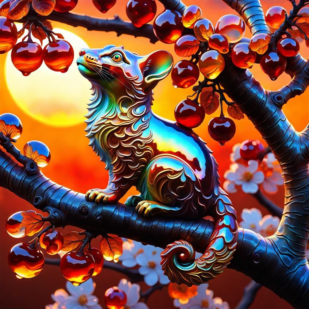 Fire Agate Squirrel on Cherry Tree Branch