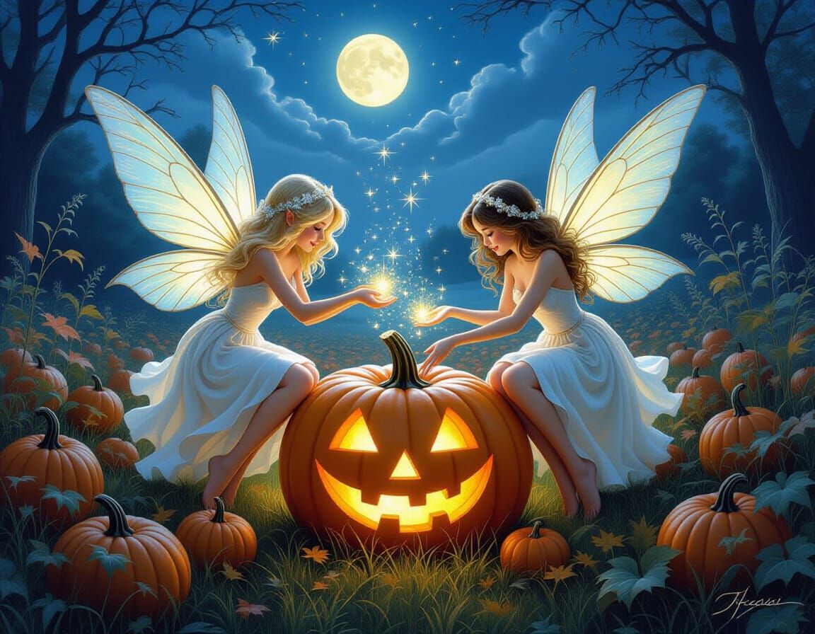 Ethereal Fairies Guard Pumpkin Patch in Luminist Style