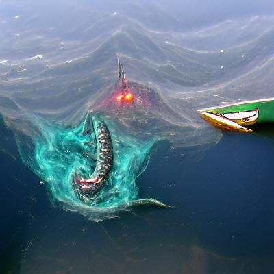a leviathan popping out from the depths attacking a nearby b...
