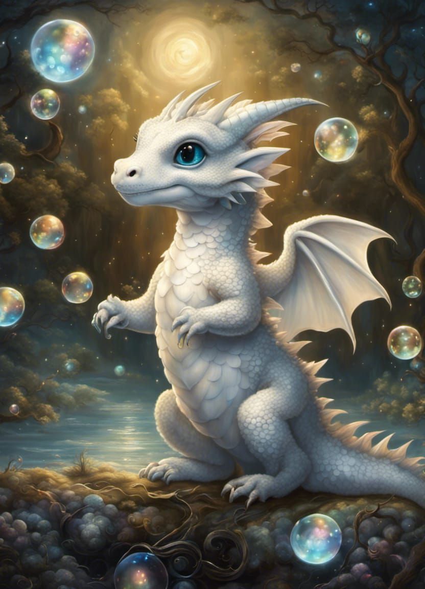 Baby dragon playing with soap bubbles