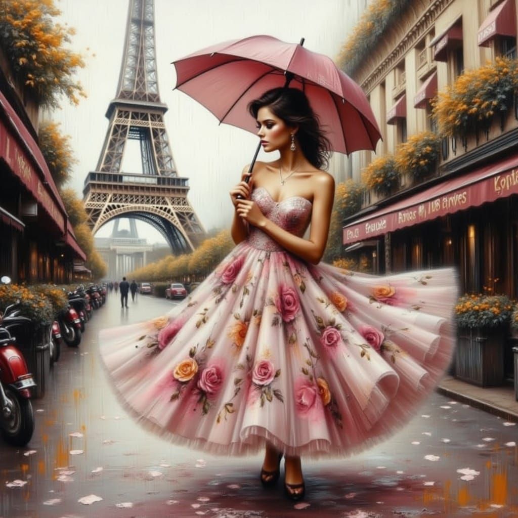 Elegant Woman Twirling with Umbrella in Paris