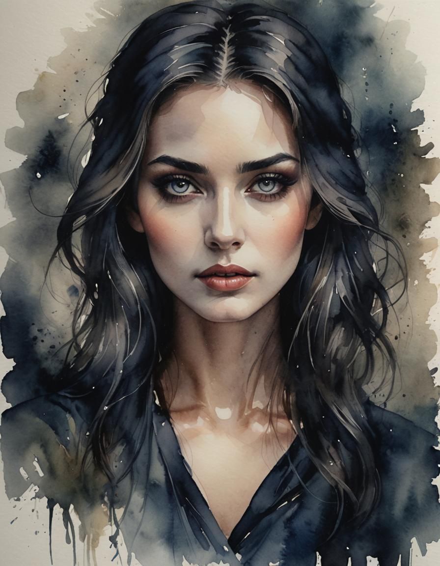 Mystical Beauty: Dark Mood Watercolor Portrait