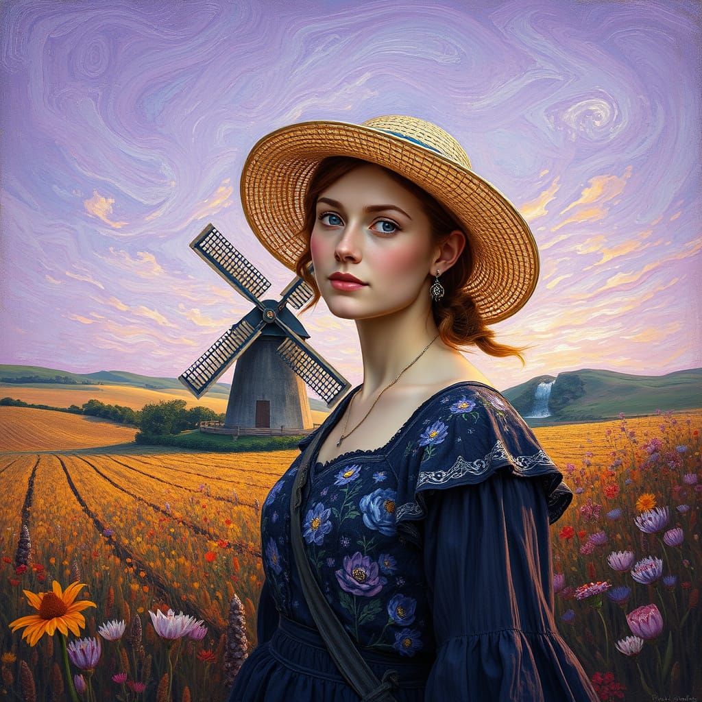 Hyperrealistic Woman with Windmill in Van Gogh Style