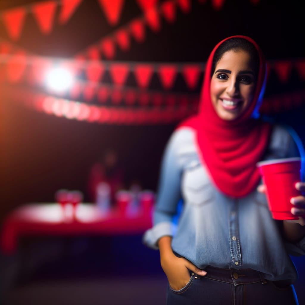 Woman With Red Cup Greets Party Guests Happily